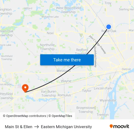Main St & Ellen to Eastern Michigan University map