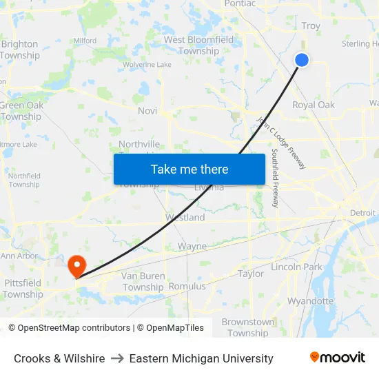 Crooks & Wilshire to Eastern Michigan University map