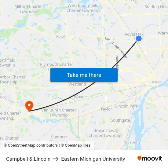 Campbell & Lincoln to Eastern Michigan University map