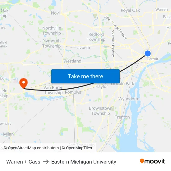 Warren + Cass to Eastern Michigan University map
