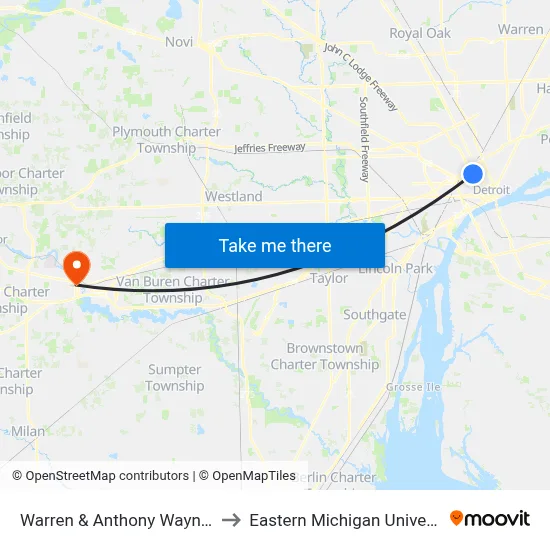 Warren & Anthony Wayne Dr to Eastern Michigan University map