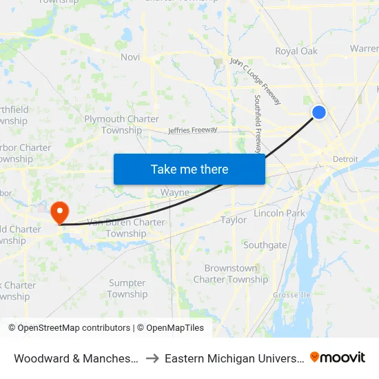 Woodward & Manchester to Eastern Michigan University map