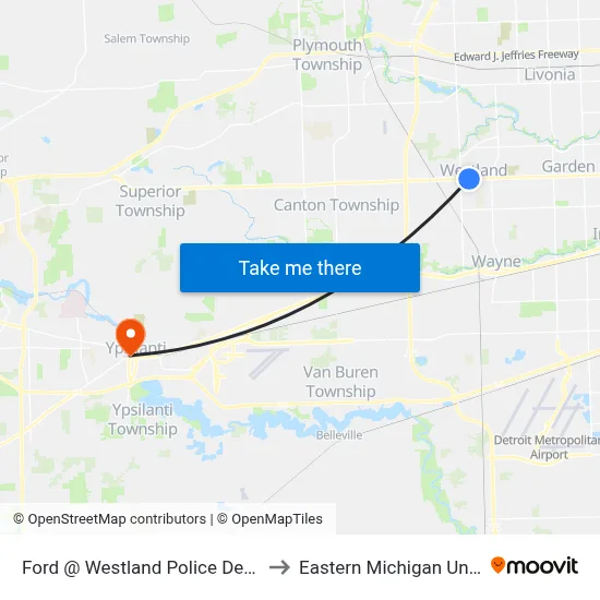 Ford @ Westland Police Department to Eastern Michigan University map