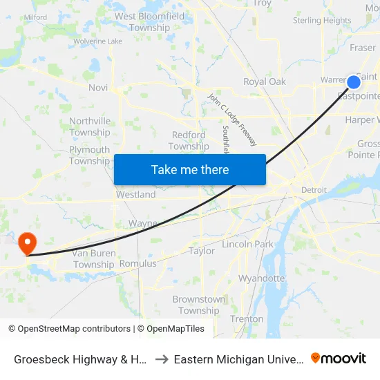 Groesbeck Highway & Hayes to Eastern Michigan University map