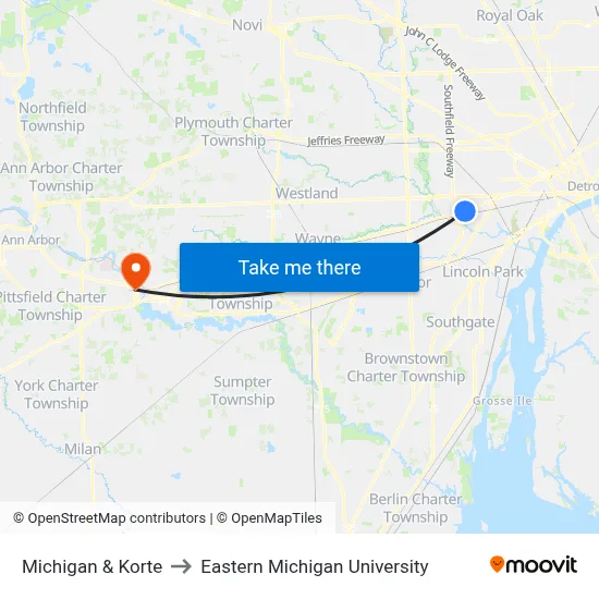 Michigan & Korte to Eastern Michigan University map