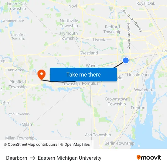 Dearborn to Eastern Michigan University map