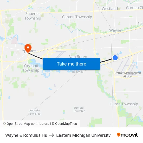 Wayne & Romulus Hs to Eastern Michigan University map