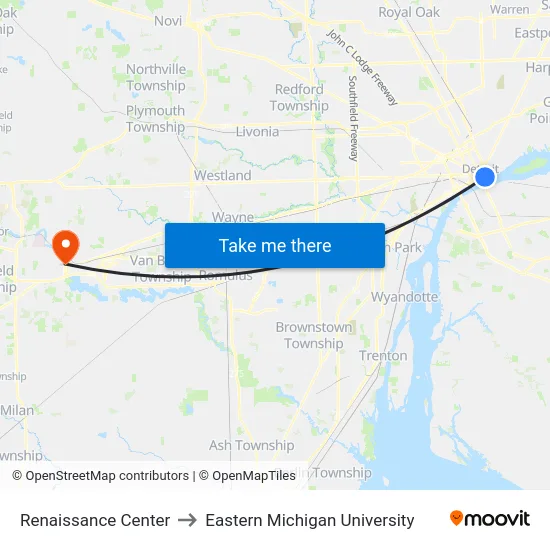 Renaissance Center to Eastern Michigan University map