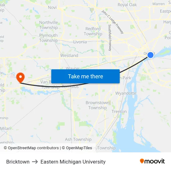 Bricktown to Eastern Michigan University map