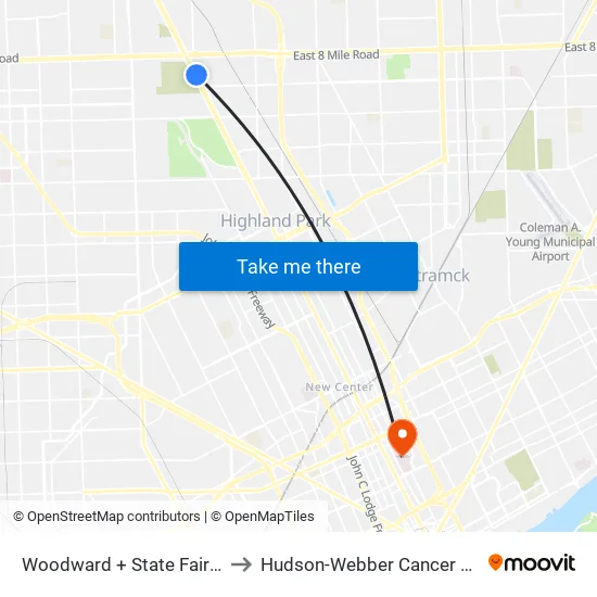 Woodward + State Fairgrounds Pickup to Hudson-Webber Cancer Research Building map