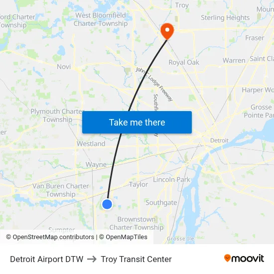 Detroit Airport DTW to Troy Transit Center map