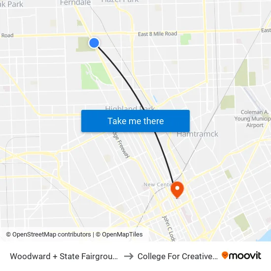 Woodward + State Fairgrounds Pickup to College For Creative Studies map