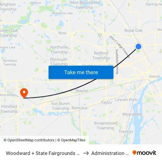 Woodward + State Fairgrounds Pickup to Administration Area map