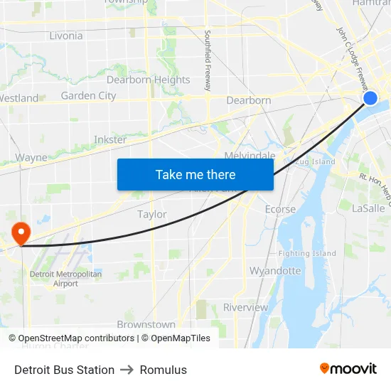 Detroit Bus Station to Romulus map