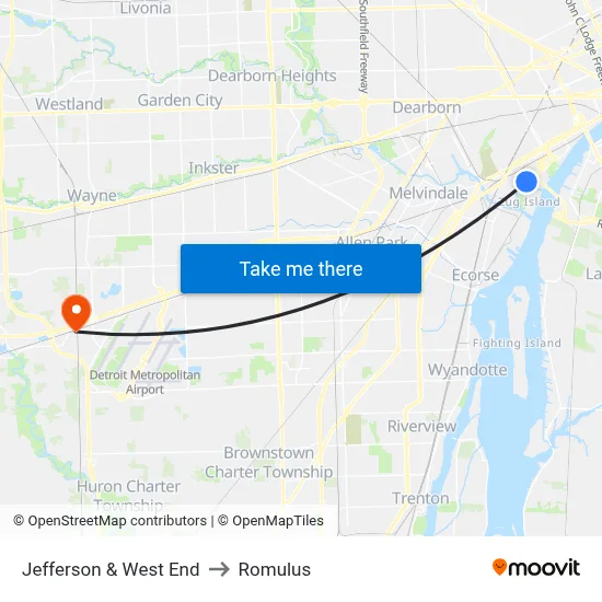 Jefferson & West End to Romulus map