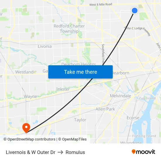 Livernois & W Outer Dr to Romulus map