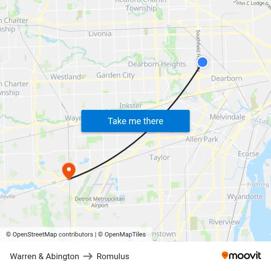 Warren & Abington to Romulus map
