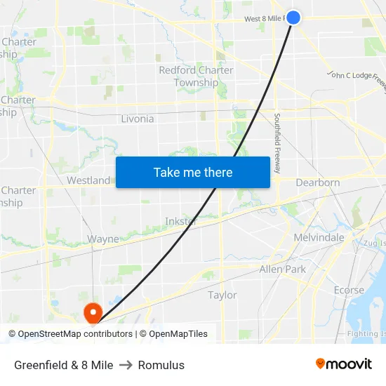 Greenfield & 8 Mile to Romulus map