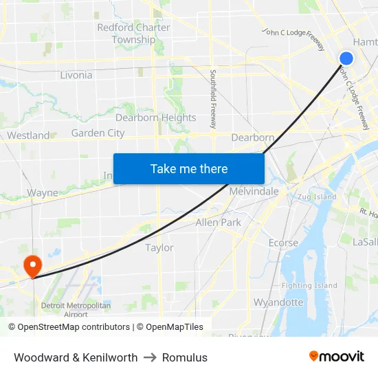 Woodward & Kenilworth to Romulus map