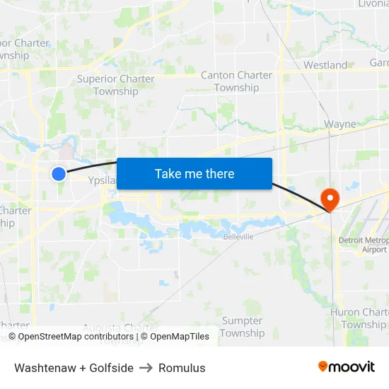 Washtenaw + Golfside to Romulus map