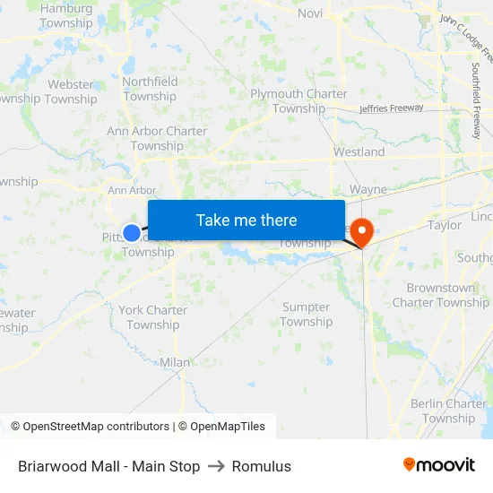 Briarwood Mall - Main Stop to Romulus map