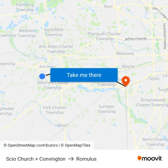 Scio Church + Convington to Romulus map