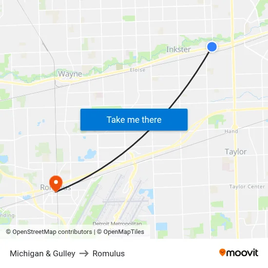 Michigan & Gulley to Romulus map