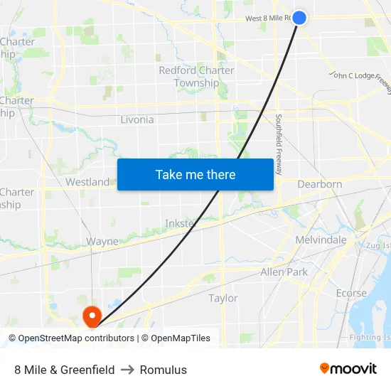 8 Mile & Greenfield to Romulus map
