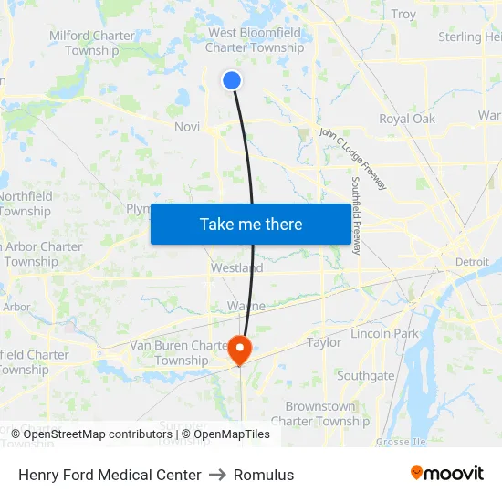 Henry Ford Medical Center to Romulus map