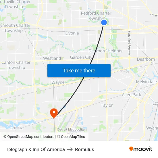 Telegraph & Inn Of America to Romulus map