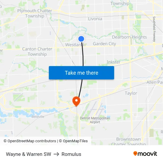 Wayne & Warren SW to Romulus map