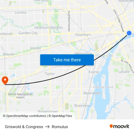 Griswold & Congress to Romulus map