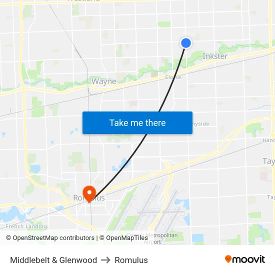 Middlebelt & Glenwood to Romulus map