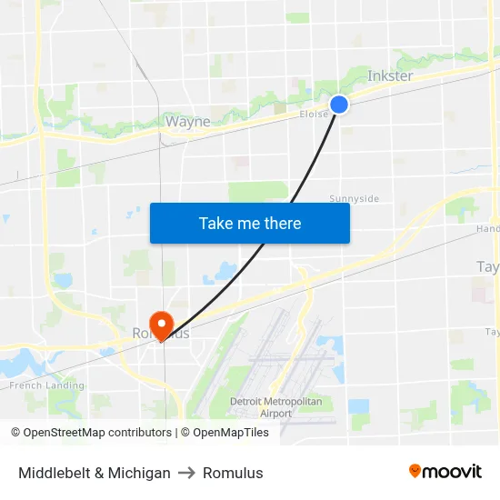 Middlebelt & Michigan to Romulus map