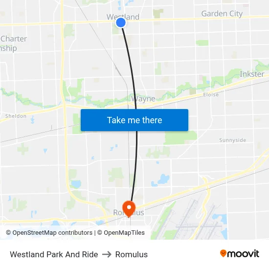 Westland Park And Ride to Romulus map