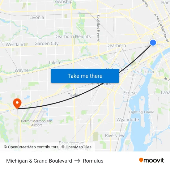 Michigan & Grand Boulevard to Romulus map