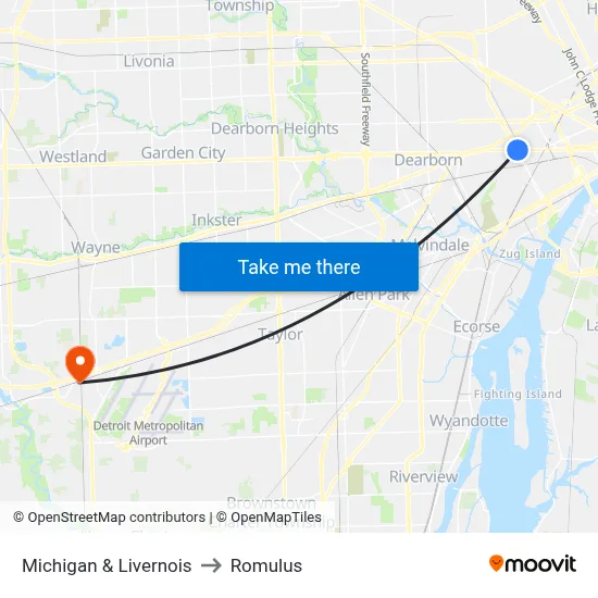 Michigan & Livernois to Romulus map