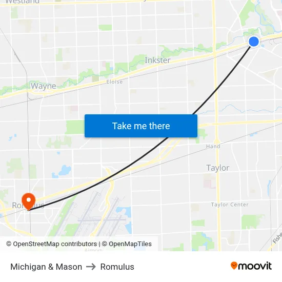 Michigan & Mason to Romulus map