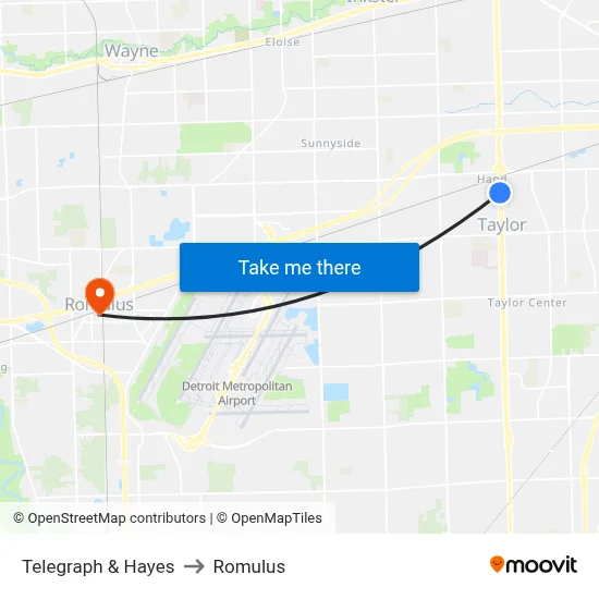 Telegraph & Hayes to Romulus map