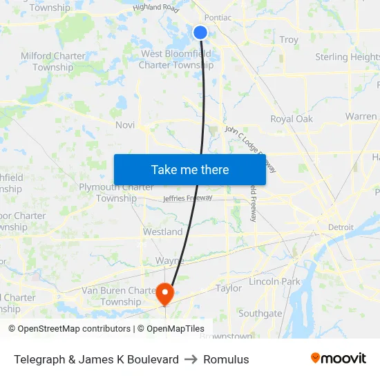 Telegraph & James K Boulevard to Romulus map