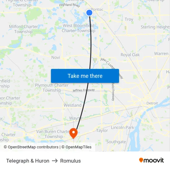Telegraph & Huron to Romulus map