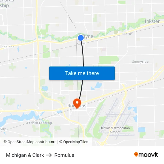 Michigan & Clark to Romulus map