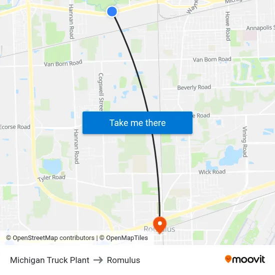 Michigan Truck Plant to Romulus map