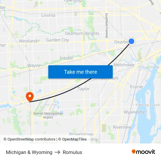 Michigan & Wyoming to Romulus map
