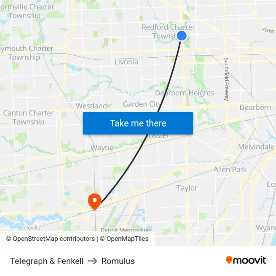 Telegraph & Fenkell to Romulus map