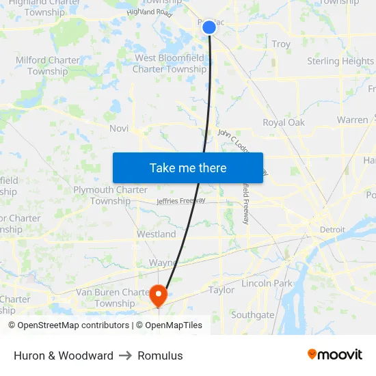 Huron & Woodward to Romulus map