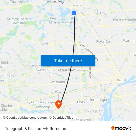 Telegraph & Fairfax to Romulus map