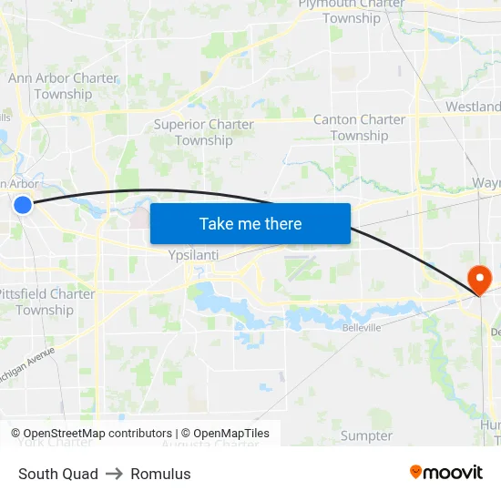 South Quad to Romulus map
