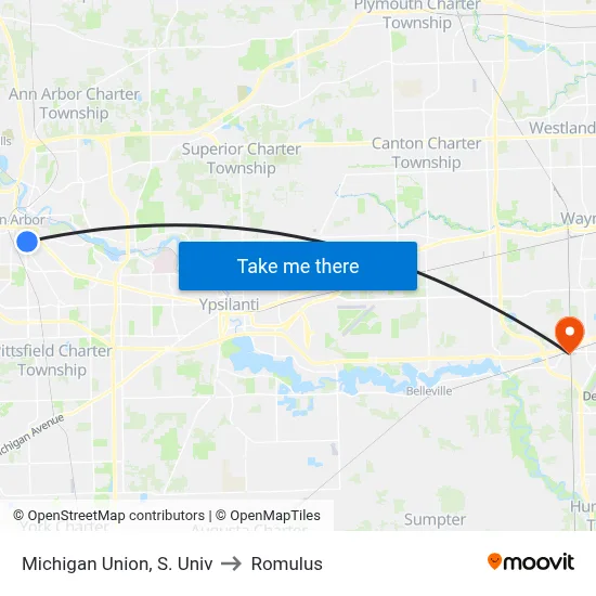 Michigan Union, S. Univ to Romulus map