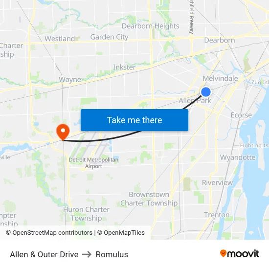 Allen & Outer Drive to Romulus map